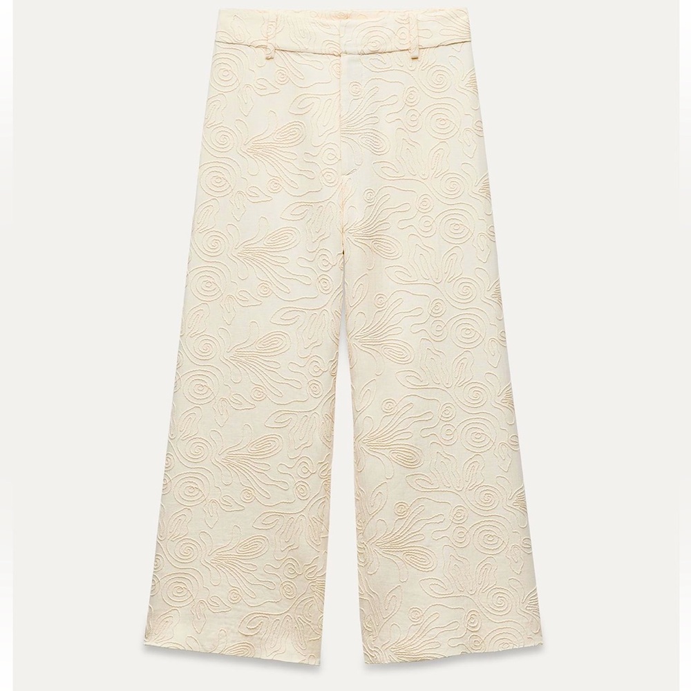 Zara Embroidered Culotte Pants Oyster White Sz S NWT
